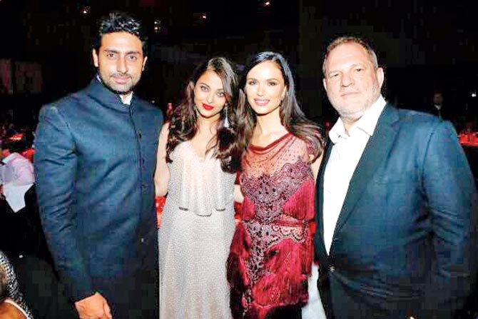 Abhishek Bachchan, Aishwarya Rai Bachchan, Georgina Chapman and Harvey Weinstein at the AmFar Gala in 2014
